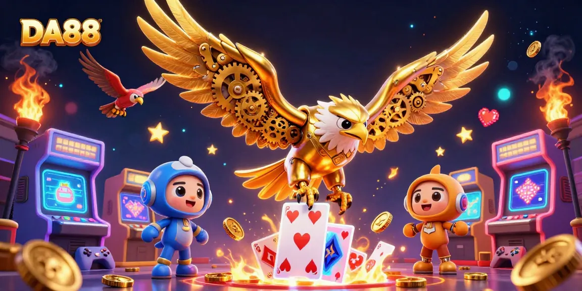Experience exciting gameplay with DA88 as a golden eagle dives through holographic playing cards.