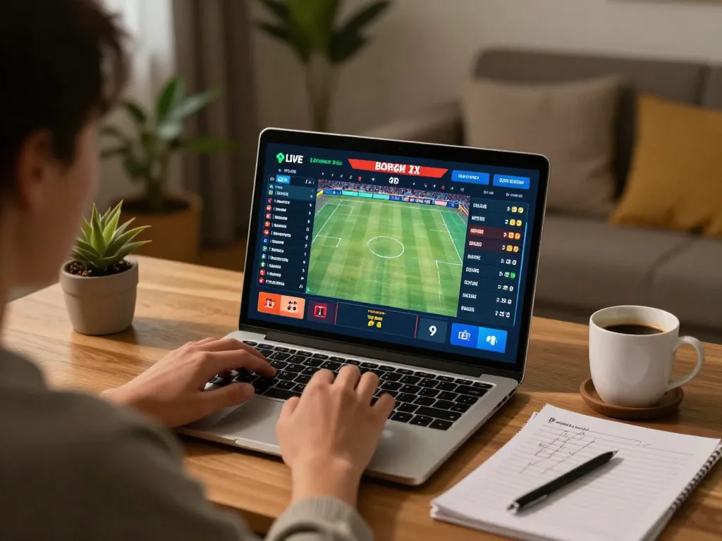 Person placing bets on Bsport app while watching live sports, showcasing effective strategy.
