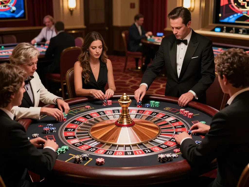 Players engaging in intense roulette gameplay at sunwingo casino, vibrant chips create excitement.