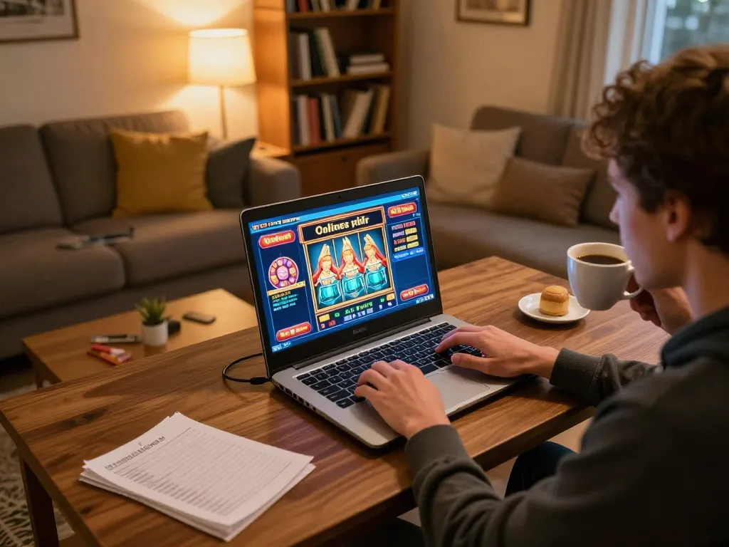 Player enjoying online slots using sx88t1 in a cozy home environment while maintaining focus on responsible gambling