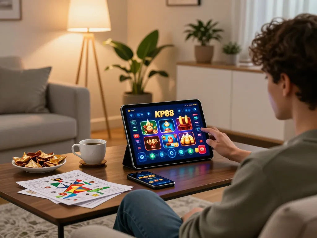 Engaging with the KP88 app for online casino gaming at home with a cozy atmosphere