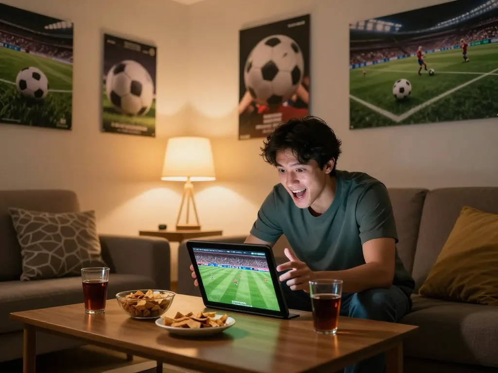 Enjoying a thrilling football match live on Socolive while surrounded by snacks.