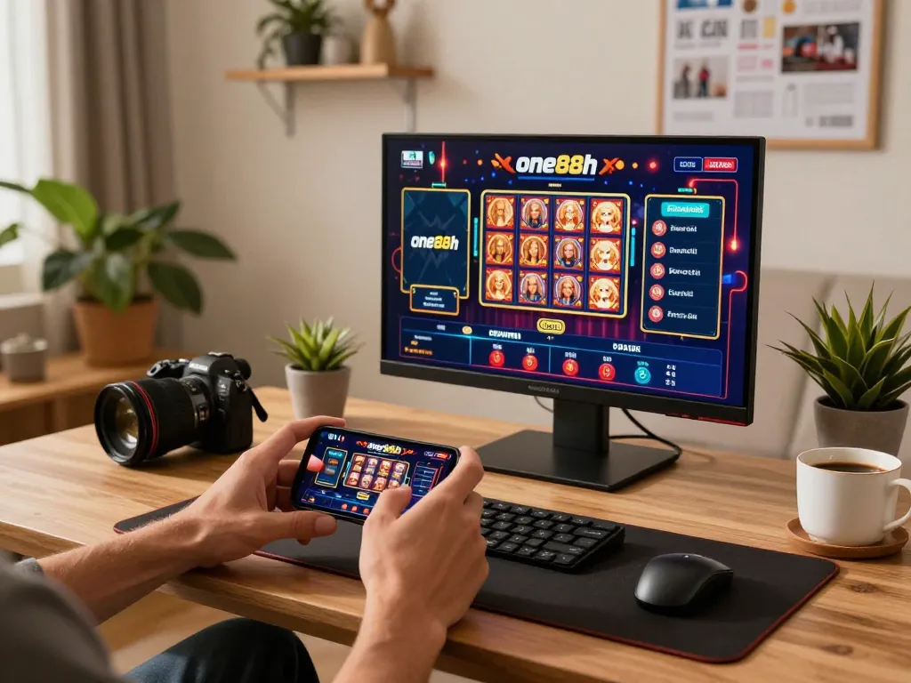 Engaged user playing on the one88h casino app, showcasing modern mobile gaming setup with enticing visuals.