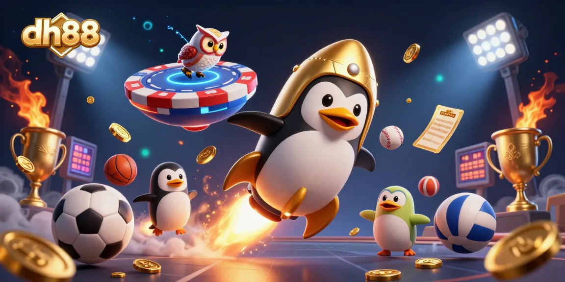 Experience thrilling gameplay with dh88's 3D illustration showcasing a golden penguin and dynamic sports elements.